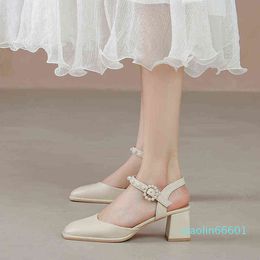 Fashion-Female Sandal Block Heels Buckle Strap Comfort Shoes for Women Summer Shallow Mouth Square Toe Girls Chunky Low Beige Clear