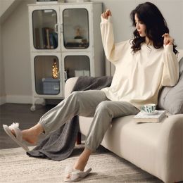 autumn solid color round neck pyjama set for women girls long sleeve simple comfortable home clothes plus size 200kg 201105