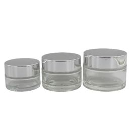 Packing Empty Clear Glass Eye Cream Bottle Shiny Silver Plastic Screw Lid PP Disc Liner Cosmetic Packaging Skincare Cream Pot Container 20g 30g 50g Refillable Jars