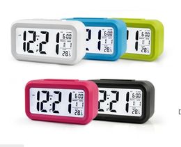Plastic Mute Alarm Clock LCD Smart Temperature Cute Photosensitive Bedside Digital Snooze Nightlight Calendar BBA13028