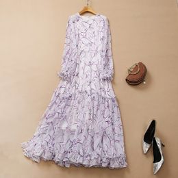 2022 Fall Autumn Long Sleeve Round Neck Lavender Chiffon Print Panelled Long Maxi Dress Elegant Casual Dresses 22G032345 Plus Size XXL