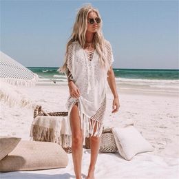 Ashgaily New Crochet White Knitted Beach Cover up dress Tunic Long Beach Dress Bikinis Cover ups Swim Cover up Beachwear T200324