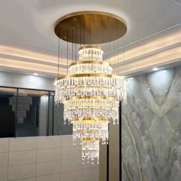 Luxury Living Room Crystal Chandelier Pendant Lamps Modern Gold Long Stair Home Decor LED Hanging Lamp 20 40 60 80 cm Ring Cristal Lustre