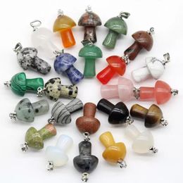 Natural Stone Carved Mushroom charms Quartz Crystal Tiger Eye Hand Pendant Charms For DIY Jewellery Making Necklace