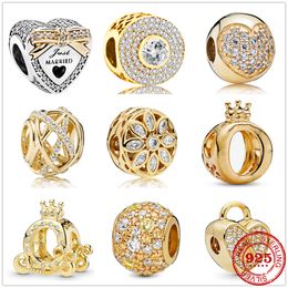 925 Silver Fit Pandora Charm 925 Bracelet Bead Zirconia Sparkling Gold Charm charms set Pendant DIY Fine Beads Jewellery