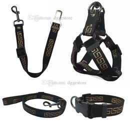 Dog Collar Leashes Set Designer Dog Harness Leash Pets Car Seat Belts Classic Bronzing Font Pattern Pet Collars for Small Medium Large Dogs Bulldog Corgi Golden B78