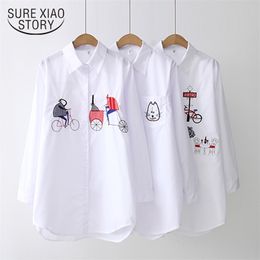 New White Shirt Casual Button Up Turn Down Collar Female Blouse Long Sleeve Cotton Blouse Embroidery Blouse Lady 5083 50 T200320