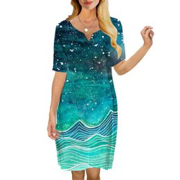 Women Dress Seaside Landscape Pattern 3D Printed VNeck Loose Casual Short Sleeve Shift Dress for Female Dresses Regular 220616
