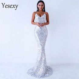 Yesexy 2021 Women Sexy Off Shoulder Sequin Dresses Female Backless Maxi Elegant Party Dress Vestdios VR9314 210302