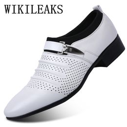 Summer Black Brown White Men Leather Shoes Mens Pointed Toe Dress Shoes High Quality Formal Slip On Hollow Out Sandals Man 220727