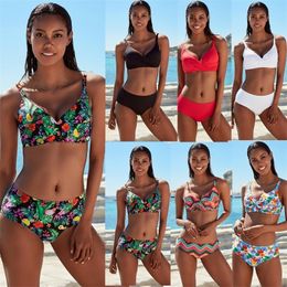 High Waist Bikini New Swimwear Women Solid Red Print Floral Push Up Bikini Set Swimsuit Female Beachwear Two Piece Suit SL T200508