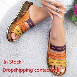 Women Slippers Mixed Colour Shoes Hollow Wedges Platform Flat Sole Beach Mules Ladies Slides Party Sandals Zapatos Mujer Y200624