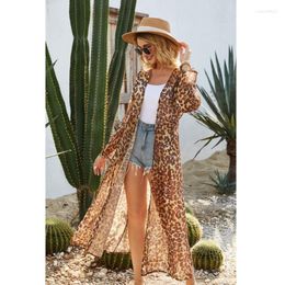 Summer Beach Leopard Printed Kimono Cardigan Women Cover Up Long Tops Blouse Plus Size Loose Shirt#A3 Women's Swimwear
