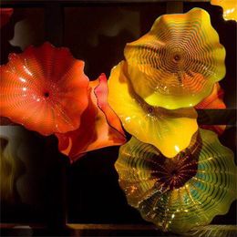 Modern Decorative Wall Art Lamp Hand Made Murano Glass Plate Orange Yellow Wall Hanging Lotus Flowers Diameter 20 to 45cm