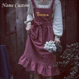 Retro Mediaeval Cotton Linen Cooking Kitchen Aprons For Women Dress Flower Shop Smock Hairdresser Bib Garden apron Custom Name Y220426