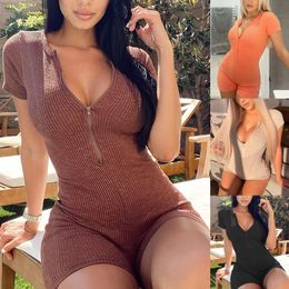 ThornTreePlaysuits Summer Women Deep V-neck Zip Up Ribbed Short Rompers Streetwear Sleeve Skinny Jumpsuits Biker s W220427