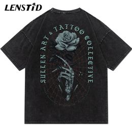 LENSTID Summer Men Washed Short Sleeve Tshirts Hip Hop Rose Skull Hand Print TShirt Streetwear Harajuku Gothic Rock Cotton Tees 220610