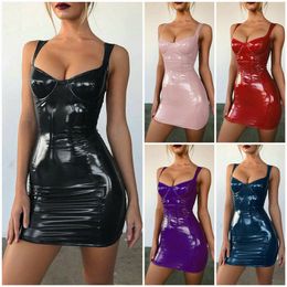 Gothic Women Bodycon Dress PU Leather Autumn Winter Vestido High Waist Sleeveless Sexy Mini Clothing 220521