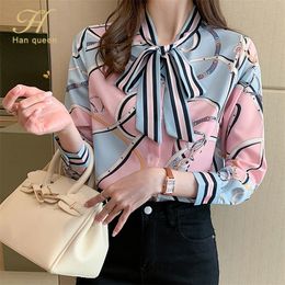 H Han Queen Spring Vintage Print Office Lady Blouse Female Shirt Bow Tops Long Sleeve Casual Korean OL Women Loose Blouses 220812