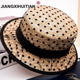 black lace sun hats bow hand made women straw cap beach big brim hat casual girl summer cap 55-58cm 220514