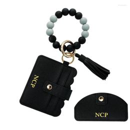 Keychains Letter Silicone Beaded Wristlet Leather Card Holder Initial Keychain Bracelets For Women PU Tassel Key Chain Miri22