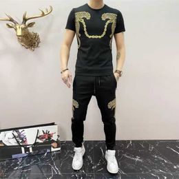 Men's Tracksuits -selling Printed Rhinestone Short Sleeve Suit Tiger Jacket Two-piece Crew Neck Quality Sportswear