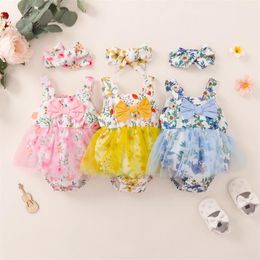 Clothing Sets Baby Girls 2 Pieces Set Floral Print Summer Casual Sleeveless Mesh Romper Dress With Headband Outfits