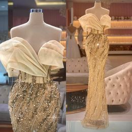 Gorgeous Gold Prom Dresses Off The Shoulder Mermaid Tulle Long Evening Dress Women Formal Party Robes De Soiree