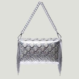 Evening Bags Fashion Silver Colour Sequins Bag Women Chain Tote Lingge Quilted Handbags Quality Pillow Bags Lady Party Tassels Shoulder Bag 220416