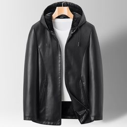 Mens Fashion Leather Jacket Hooded Coat Motorcylce Casual Fleece Thicken Motorcycle PU Jackets Biker Warm Leather Men Brand Clothing