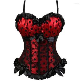 Bustiers & Corsets Zipper Side Corselet Spaghetti Strap Overbust Corset Satin Bone Print Dot Lace Up Bustier With Bow Ruffle Slim