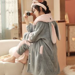 2021 Winter Warm Lounge Wear Casual Nightwear Women Flannel Pajamas Kimono Bathrobe Gown Soft Nightwear Coral Fleece Lingerie L220803