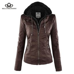 Bella Moto Jacket women Zipper coat Turn Down Collor Ladies Outerwear faux leather PU female Coat 210908