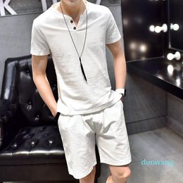 Men's Tracksuits Arrival Men's Cotton And Linen Short Sleeve T-shirt Shorts 2PC Set Solid Home Suits Male 6 Colours M-5XL YM60Men's