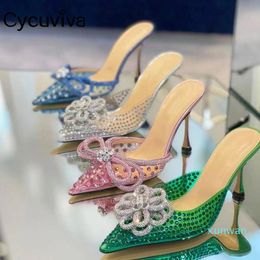 2022-Slippers Luxury Crystal Flower Women PVC Jelly Shoes High Heels Slides Dress Summer Rhinestone Sandals