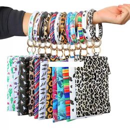 13 Styles Leopard Bracelet Clutch Bag Wristlet Keychain Bracelets Purse Sunflower Cactus Printed Leather Key Holder Chain Outdoor Bags