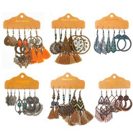 Dangle & Chandelier Boho Multicolor Tassel Long Drop Earrings Set For Women Vintage Ethnic Geometry Heart Round Metal Big Hanging JewelryDan
