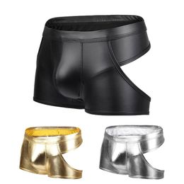 Underpants Men's Sexy Underwear Imitation Leather Boxer Shorts Low Waist Patent Hollow Stage Show ButemptationUnderpants