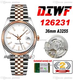DIWF 36mm 126231 SA3235 Automatic Mens Watch Two Tone Rose Gold Fluted Bezel White Dial Stick Markers 904L Steel Jubileesteel Bracelet Super Edition Puretime A1