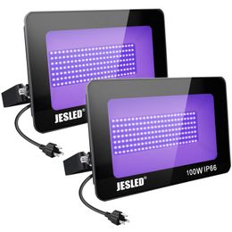 JESLED 100 W LED-Flutlicht in Schwarz, 2 Stück, Schwarzlichter für leuchtende Flutlichter mit Stecker, IP66, wasserdichte Bühnenbeleuchtung, Aquarium, Körperbemalung, Schwarz, Poster, Zimmer, Party