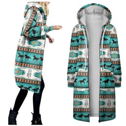 Women's Jackets Black Jacket For Women Ladies Thickened Overcoat Warm Retro Patterns Printed Drawstring Hooded Long JacketWomen's