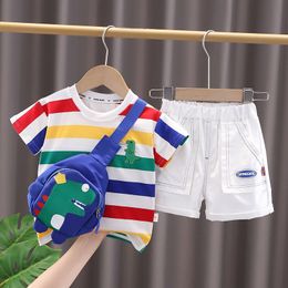 3PCS Summer Children Boys T-Shirt Tops Shorts Pants Bag Suit Little Dinosaur Kids Cotton Short Sleeve Clothes Sportswear