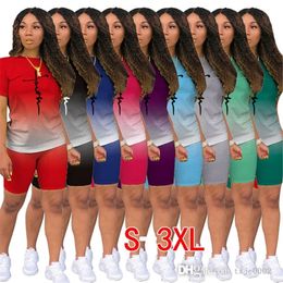 Summer Gradient Tracksuits For Women Designer Letter Printed T Shirt Shorts Outfits Two Piece Sport Suit Plus Size Clothing