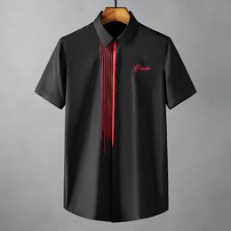 Summer Cotton Men's Shirts Luxury Embroidery Short Sleeve Casual Black Male Dress Shirts Slim Fit Red Striped Man