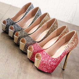 Dress Shoes European Style Women Shoe Glitter Wedding Sexy High Heels 14/12cm Platform Female Party Pumps Sequins Gradient Colour BlingDress