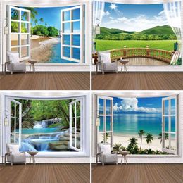 Imitation Window Landscape Carpet Wall Hanging Tropical Tree Rugs Art Home Decoration Sea Sunrise Dorm J220804