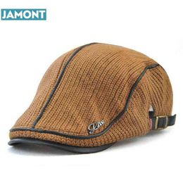 JAMONT Autumn Winter Crocheted Beret Buckle Hat Men Women Military Visors Thicker Leisure Wool Warmer Knitted Cap Casquette J220722