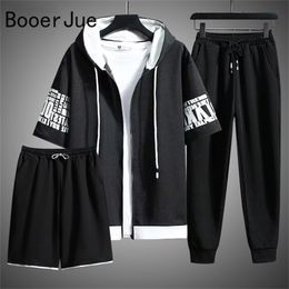 3Piece Set Streetwear Tracksuit Men Sweat Suit Summer s Sets Hooded Zipper Short Sleeve Tops Trousers Short Clothing 220621