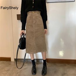 FairyShely Vintage Long Skirt Womens 2020 Corduroy Split Skirts Elegant Korean Style Fashion Pocket High Waist Midi Skirt Femme T200712