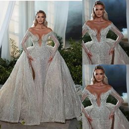 Decent Pearls Beaded Wedding Dress Sheer Neck See Through Bridal Gowns Detachable Train Lace Appliques Sequined Formal Robe de mariee